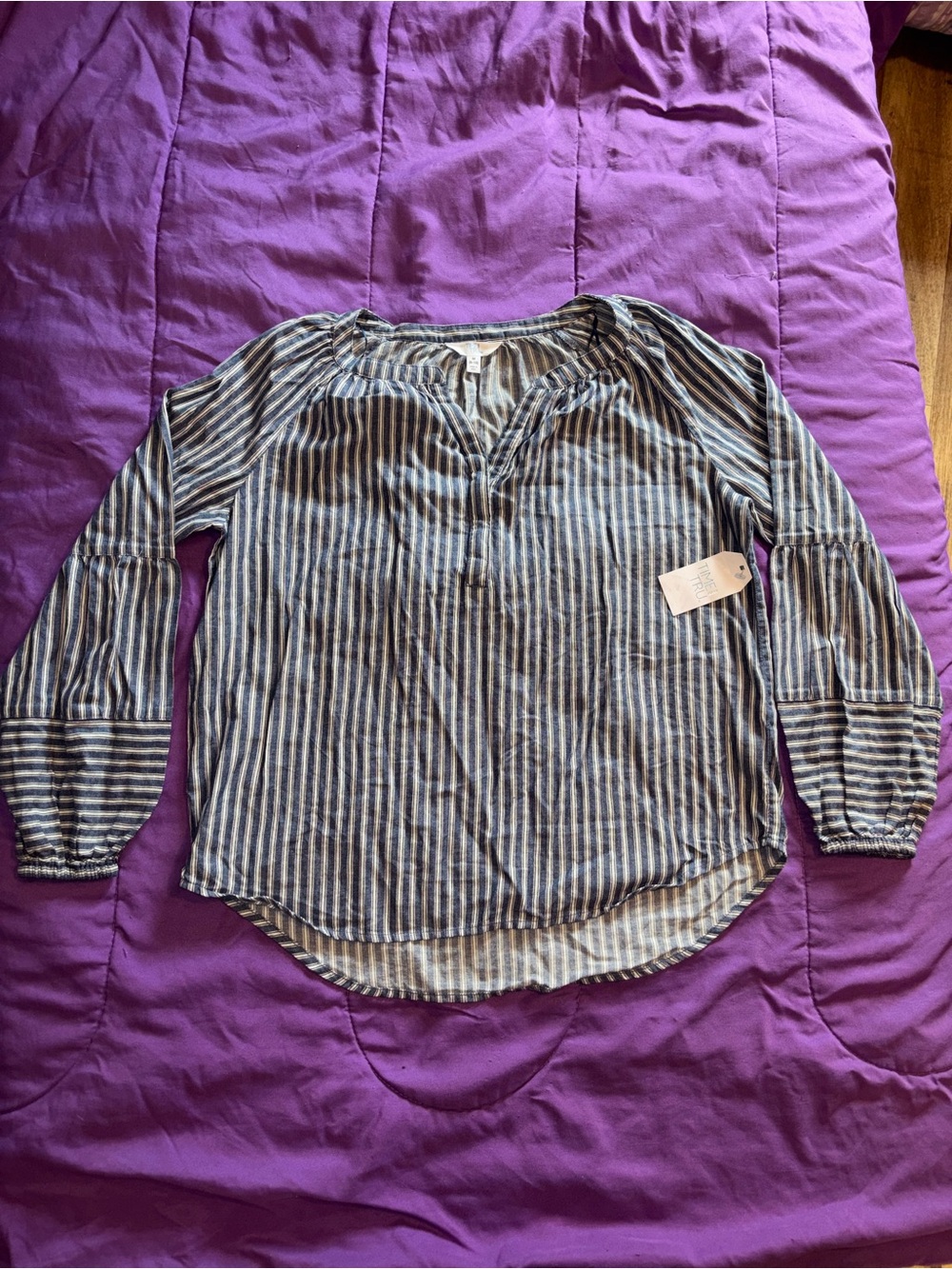 Time and Tru Blue and White Striped Long-Sleeve Blouse